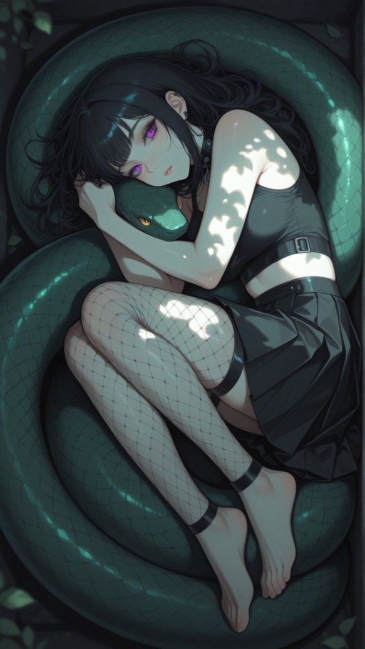 An anime-style illustration of a black-haired girl with purple eyes lying down and hugging a large green snake, wearing fishnet thigh-highs and a black outfit in dappled sunlight.