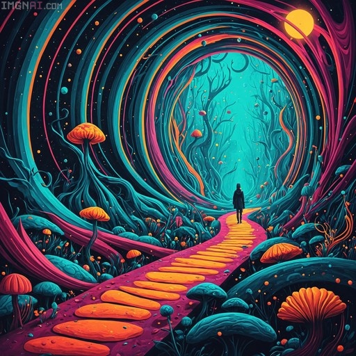 A lone figure walks along a winding path of orange stones through a surreal forest of giant teal and orange mushrooms under a swirling neon tunnel.