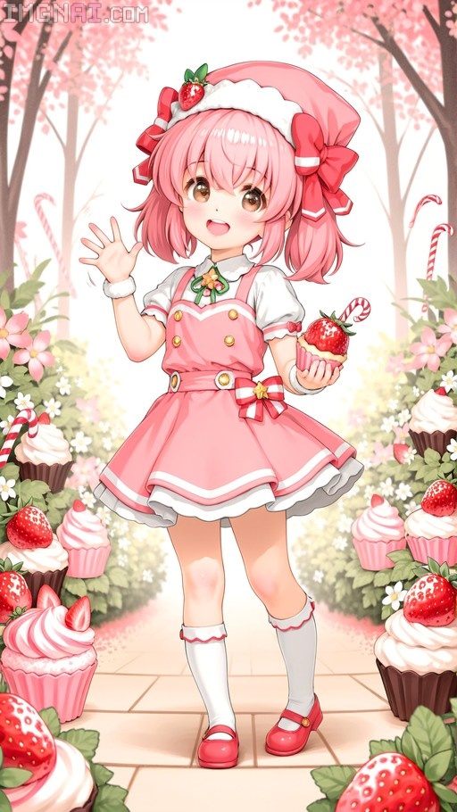 Chibi Strawberry Shortcake in a pink dress waves while holding a cupcake with a strawberry on top, standing in a path lined with giant desserts and candy canes.