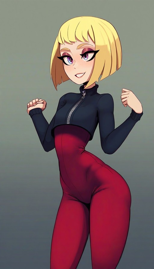 A blonde anime girl with short hair and purple eyes smiles while raising her fists in a fist-pump gesture, wearing a tight red bodysuit and a black cropped zip-up jacket against a grey background.