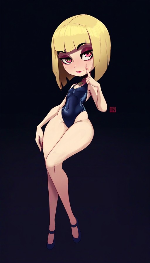 Blonde anime girl with heterochromia in a blue high-leg swimsuit posing with finger to mouth