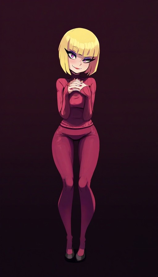 Full body illustration of a blonde anime girl with purple eyes wearing a pink turtleneck sweater and pants.