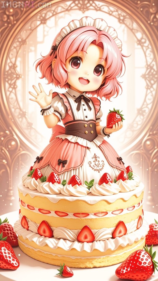 A chibi Strawberry Shortcake with pink hair and a pink maid dress waves while holding a strawberry on top of a large layered cake.