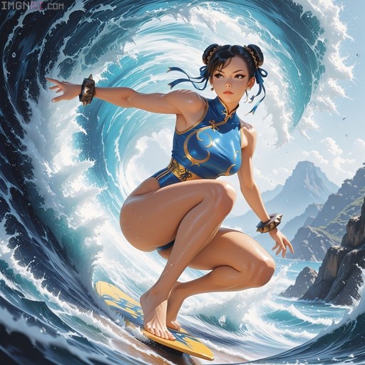 Chun-Li surfing on a yellow board inside a large ocean wave wearing a blue outfit