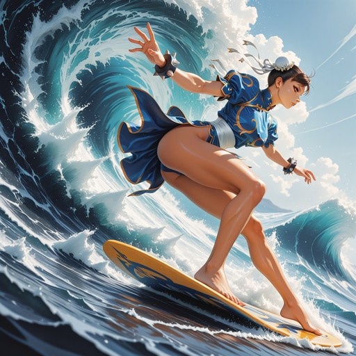 Chun-Li from Street Fighter surfing on a yellow board in front of a large blue wave while wearing her classic blue outfit and spiked bracelets.