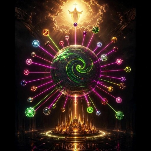 A man resembling Jon Hamm in a white robe stands with arms outstretched amidst a cosmic scene with a swirling planet and colorful orbs, surrounded by followers offering money into glowing bowls.