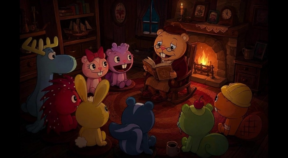 A beaver character wearing glasses and a hat reads a book to a group of colorful cartoon animals sitting on the floor in front of a fireplace.