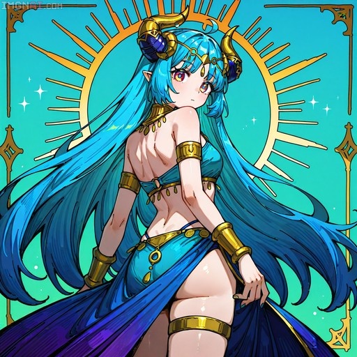 Blue-haired anime girl with golden ram horns and elf ears wearing a blue harem outfit and gold accessories looks back at the viewer against a sunburst background.