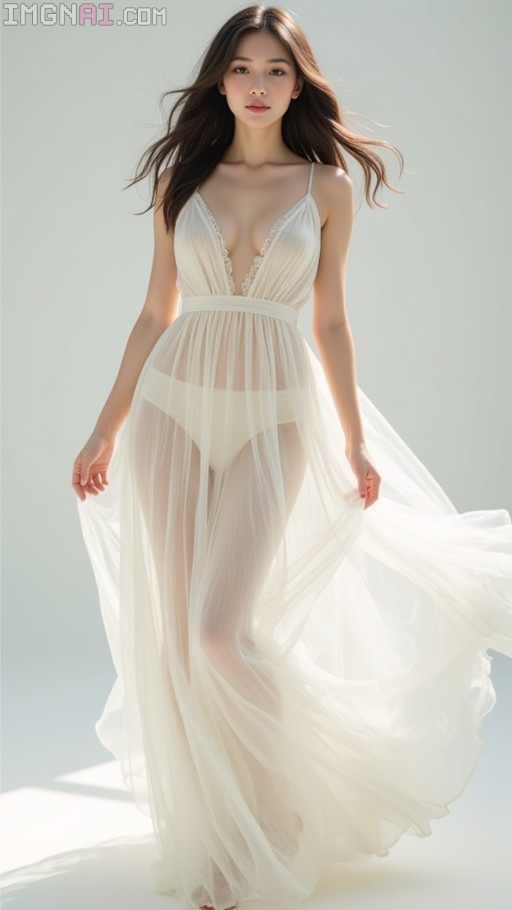 A full-body portrait of a young woman with long brown hair wearing a translucent white gossamer gown over white underwear, standing against a plain light background.