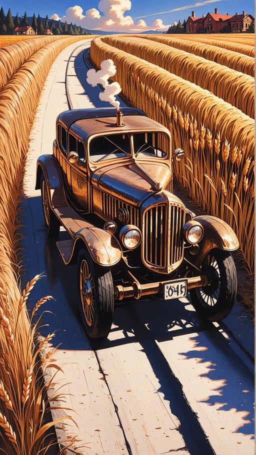 A vintage dark car with gold accents drives down a road through tall golden wheat fields under a blue sky.