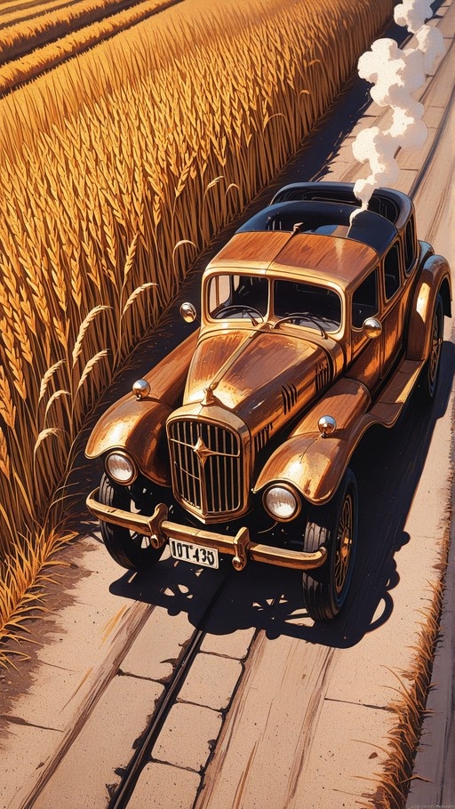 A high-angle view of a shiny gold vintage car driving on a country road next to a field of tall wheat, illustrated in a bold western comics style with white smoke trailing from the exhaust.