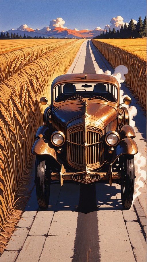 A vintage car travels down a straight road flanked by tall golden wheat fields with mountains in the distance under a blue sky.