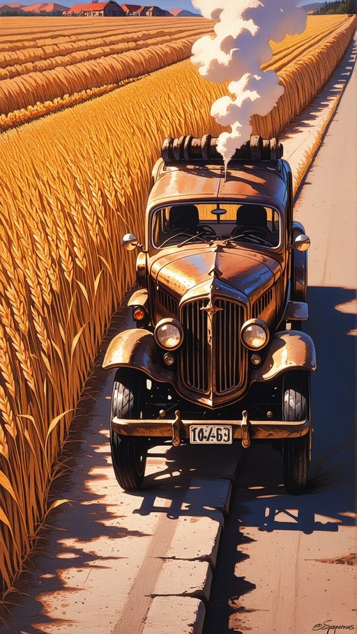 A vintage car driving on a paved road next to a tall golden wheat field with white smoke rising from its roof.