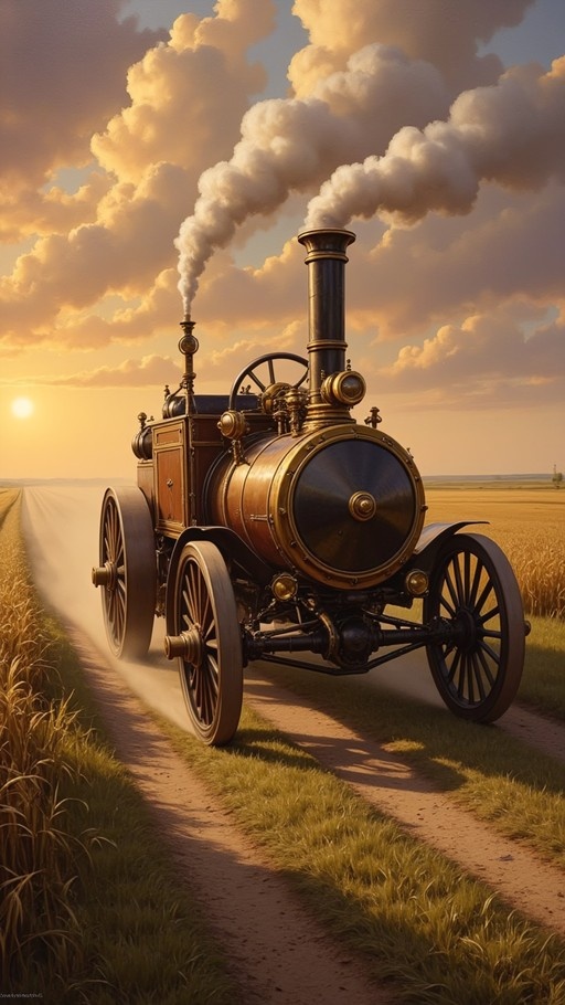 A vintage steam tractor driving down a dirt road through golden fields at sunset with smoke rising from its chimney.