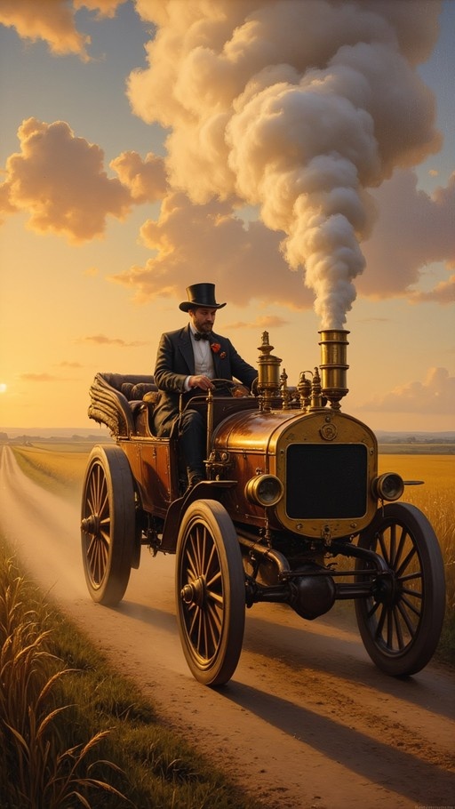 A bearded man in a black top hat and suit driving a brass steam car emitting smoke on a dirt road at sunset.