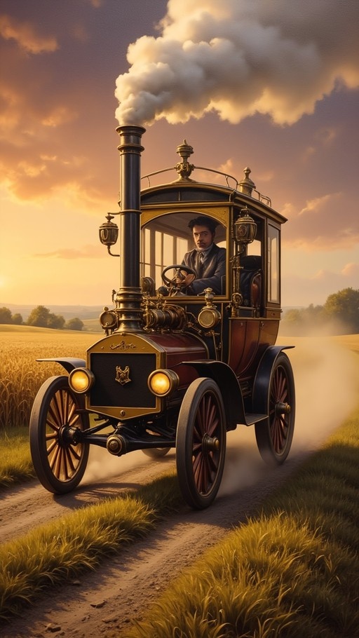 A man drives an ornate vintage steam-powered carriage with large spoked wheels and a tall smokestack emitting white smoke along a dirt road through golden fields at sunset.