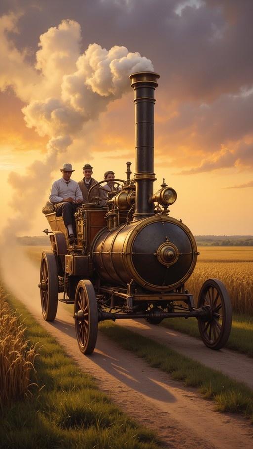 A large black and brass steam-powered vehicle with a tall smokestack drives along a dirt road through wheat fields, carrying three men in hats under a dramatic cloudy sunset sky.