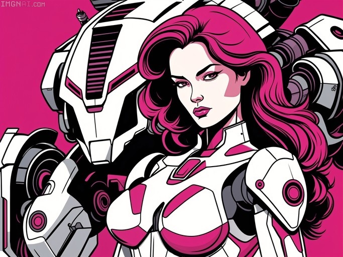 A comic book style illustration of a woman with long pink hair and a white and pink bodysuit standing next to a large white robot head against a pink background.