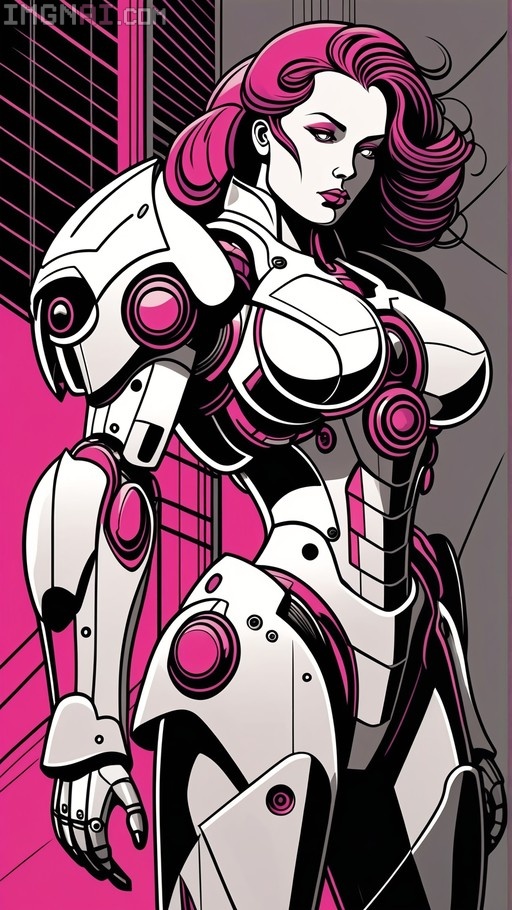 A pink-haired female mecha robot in white and black armor with magenta details stands in a comic book style illustration.