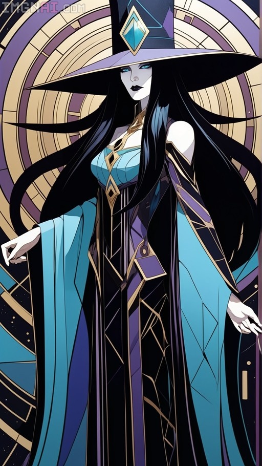 A superflat anime-style illustration of a pale-skinned sorceress with long black hair and bright blue eyes, wearing a large pointed hat and a purple and black robe with gold trim against a circular geometric background.