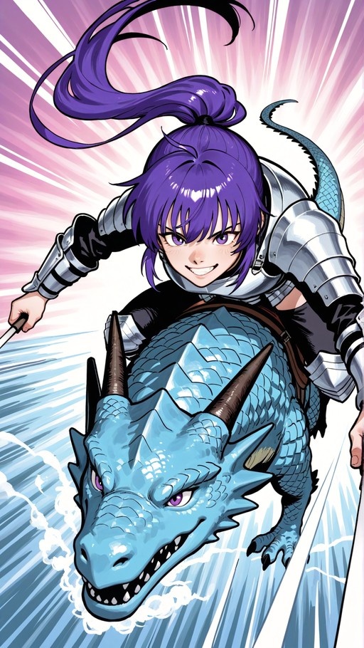 A purple-haired anime girl in silver armor rides a large blue dragon while holding a sword.