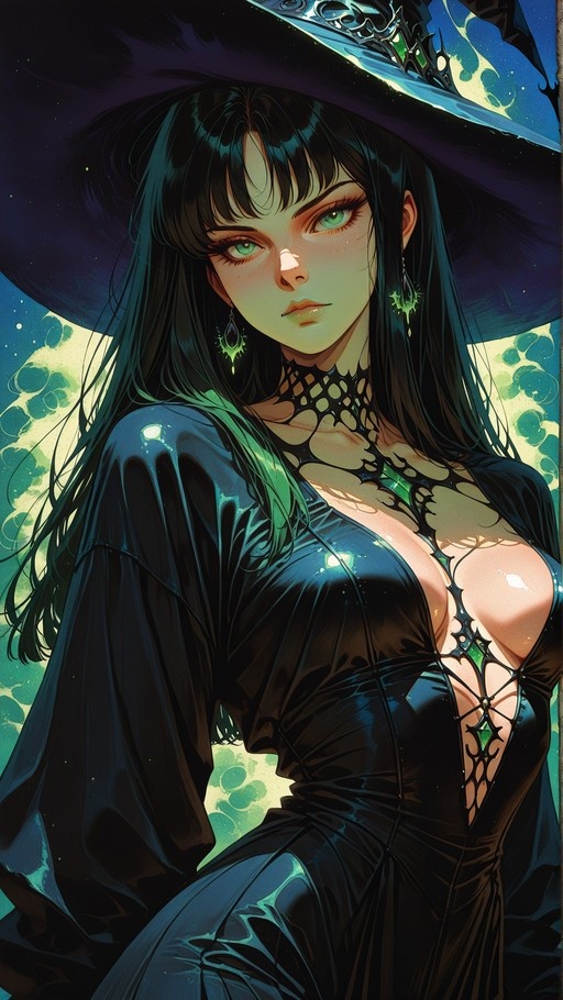 Digital illustration of a witch with long dark hair and bright green eyes wearing a large black hat and a black dress with cutouts.