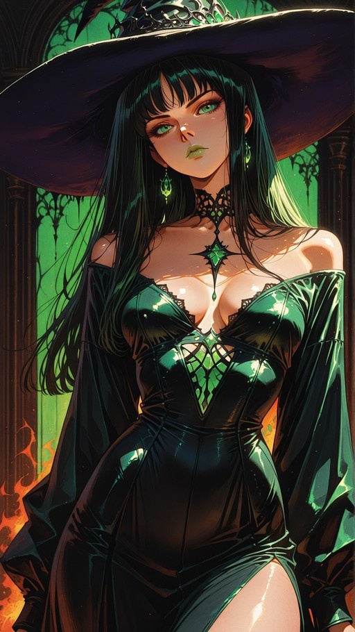 A digital painting of a witch with long black hair and green eyes wearing a large hat and a shiny dark dress with a corset bodice.