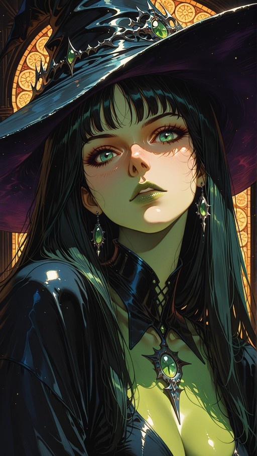 Digital painting of a green-skinned woman with long black hair wearing an elaborate black witch hat and emerald jewelry against a stained-glass window.