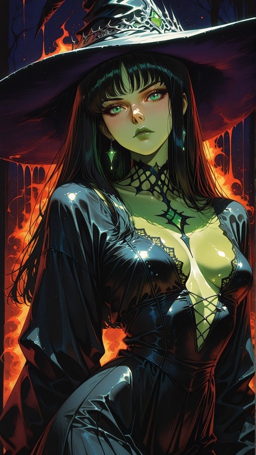 A portrait of a green-skinned witch with long black hair and green eyes wearing an ornate hat and shiny black dress against a fiery background.