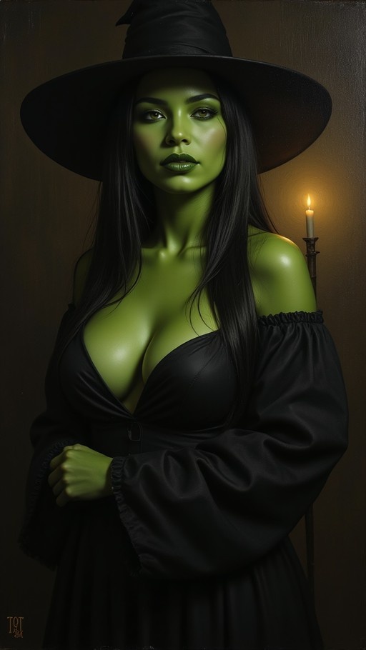 A green-skinned woman with long black hair wearing a large black witch hat and a low-cut black dress stands next to a lit candle.