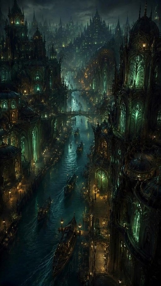 A fast-moving drone shot flies down a canal in a dark fantasy city with gothic buildings and glowing lights.