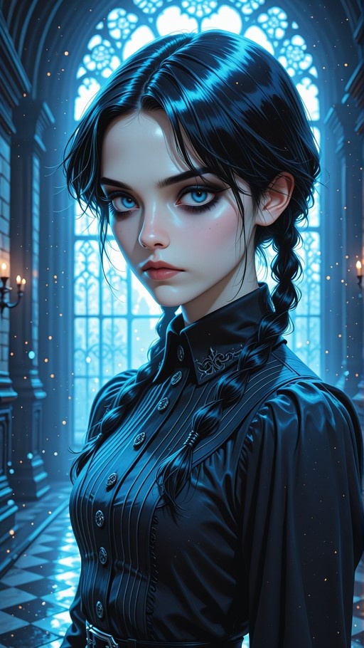 A digital illustration of Wednesday Addams with blue eyes and twin braids wearing a black dress in a gothic hall.