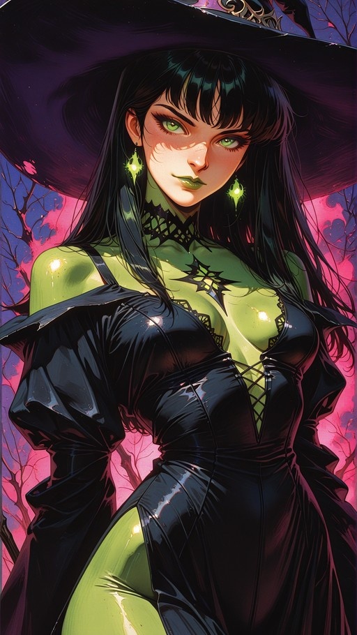 A green-skinned woman with long black hair and green eyes wearing a large black witch hat and a shiny black dress over her skin.