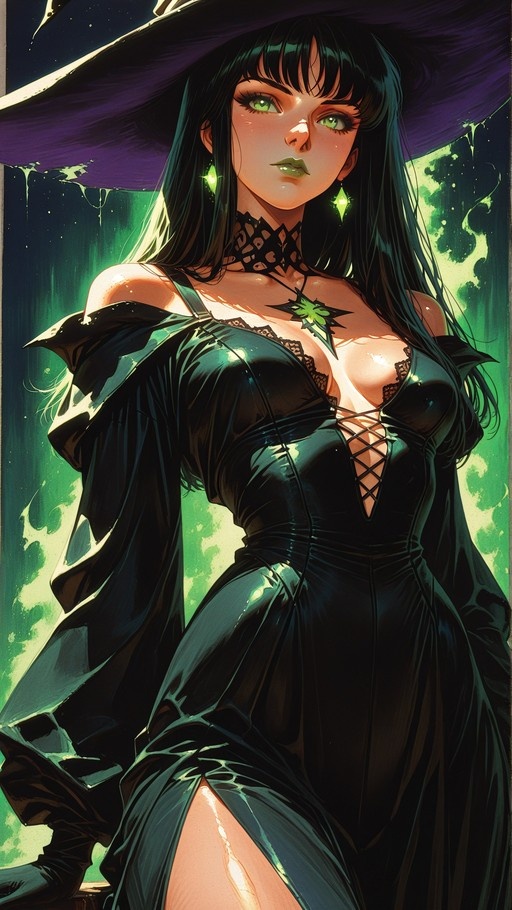 A portrait of a witch with long black hair and green eyes wearing a large hat and a shiny black dress against a green background.