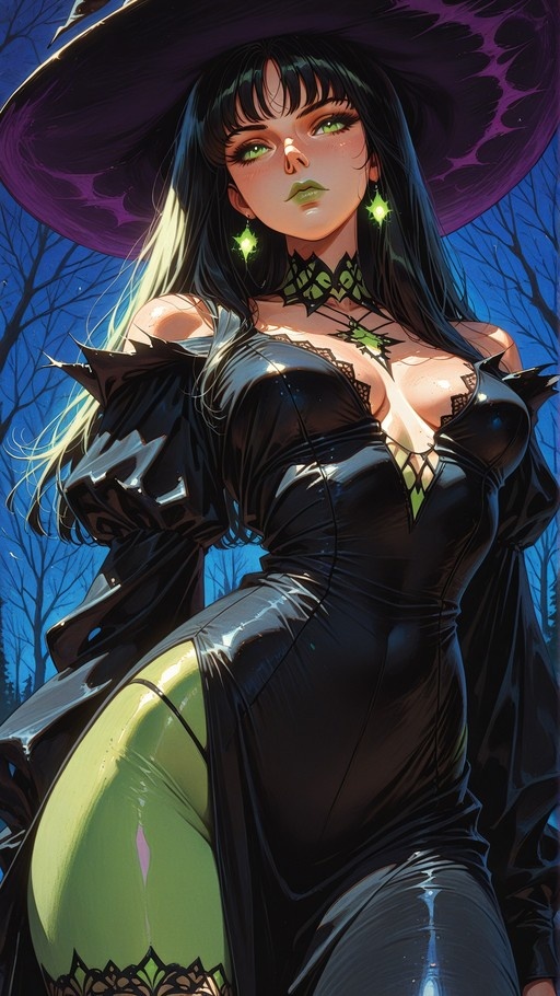 A digital illustration of a witch with long black hair, green eyes, and a purple hat wearing a shiny black dress and green thighhighs in a forest.