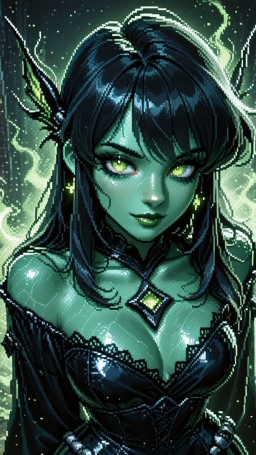 Pixel art portrait of a green-skinned woman with long dark hair and glowing eyes wearing a black dress against a mystical background.