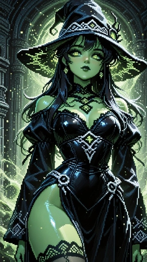 A pixel art portrait of a green-skinned witch wearing a large black hat and an intricate black dress with white trim, standing amidst floating green magical particles.