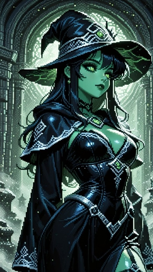 Pixel art of a green-skinned witch with black hair and a large hat, wearing a black dress and capelet.