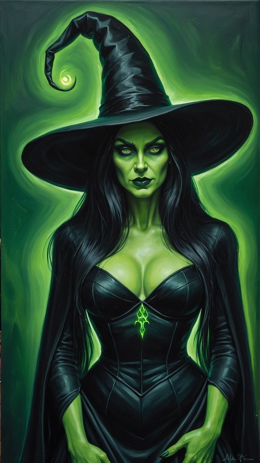 A digital painting of a green-skinned witch with long black hair and yellow eyes, wearing a large pointed hat and a black dress with a glowing green emblem on the chest against a swirling green background.