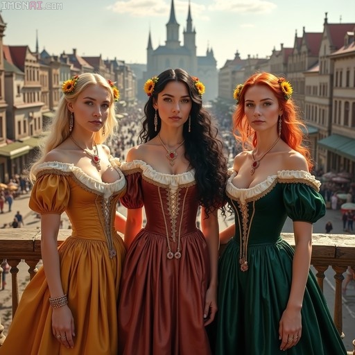 Three women in colorful historical dresses with sunflowers in their hair stand on a wooden balcony overlooking a busy city square with historic buildings and a cathedral in the distance.