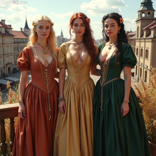 Three women in colorful medieval gowns standing on a balcony overlooking a city.