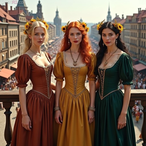 Three women in colorful historical dresses wearing sunflower crowns on a balcony overlooking a city square.