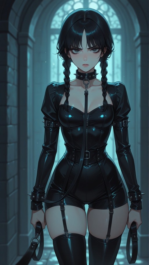 Wednesday Addams wearing a black latex bodysuit and spiked collar while holding leashes in a stone hallway.