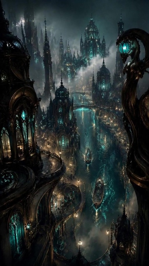 A POV shot flies over a dark fantasy city with glowing teal canals and gothic spires, moving past boats and bridges into a large cathedral hall.