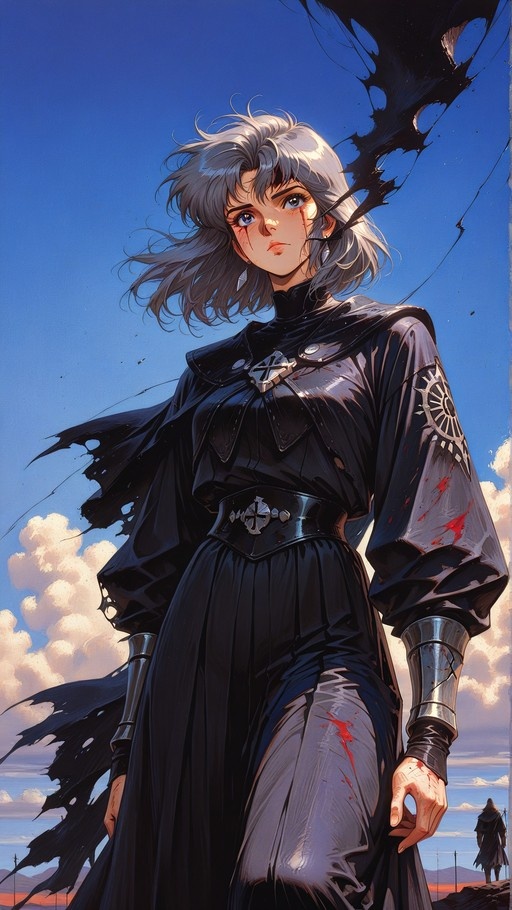 A digital illustration of a young woman with short grey hair and blue eyes wearing a black dress and metal gauntlets. She has blood on her cheek and arm, standing under a blue sky with white clouds in a retro 1990s anime art style.