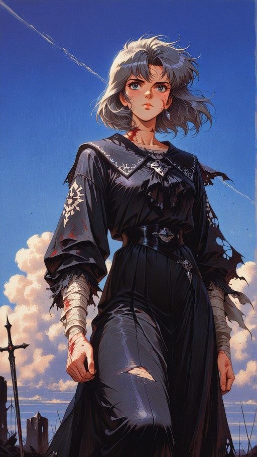 A grey-haired anime girl in a tattered black dress stands outdoors with bandaged arms and blood on her face, next to a sword planted in the ground.