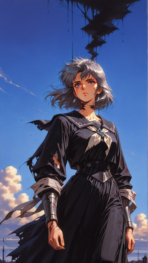 A young woman with short grey hair and blue eyes stands in a tattered black sailor uniform with bloodstains and metal bracers under a blue sky with a dark dripping shadow above her.
