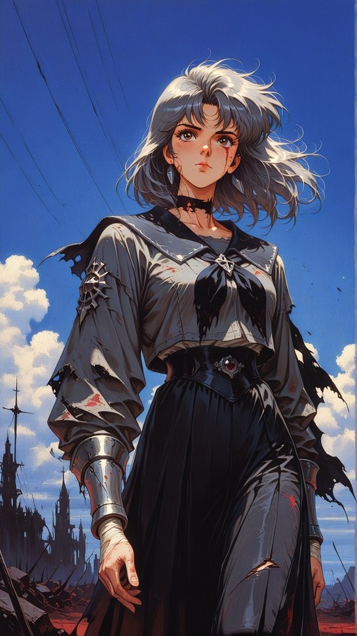 Grey-haired anime girl in tattered white sailor uniform and black skirt stands amidst ruins under a blue sky with blood on her face