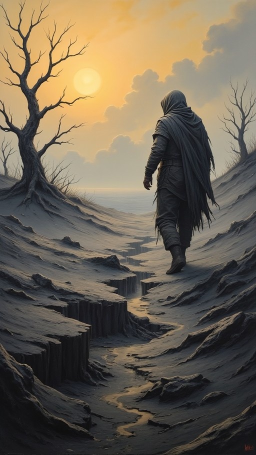 A hooded figure in a dark cloak walks away from the viewer across cracked ground towards a sunset over the sea, with a bare tree on the left.