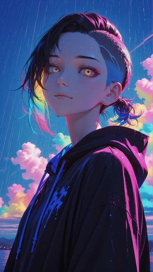A young man with black and pink hair wearing a black hoodie looks up at the viewer while standing in the rain against a colorful cloudy sky.